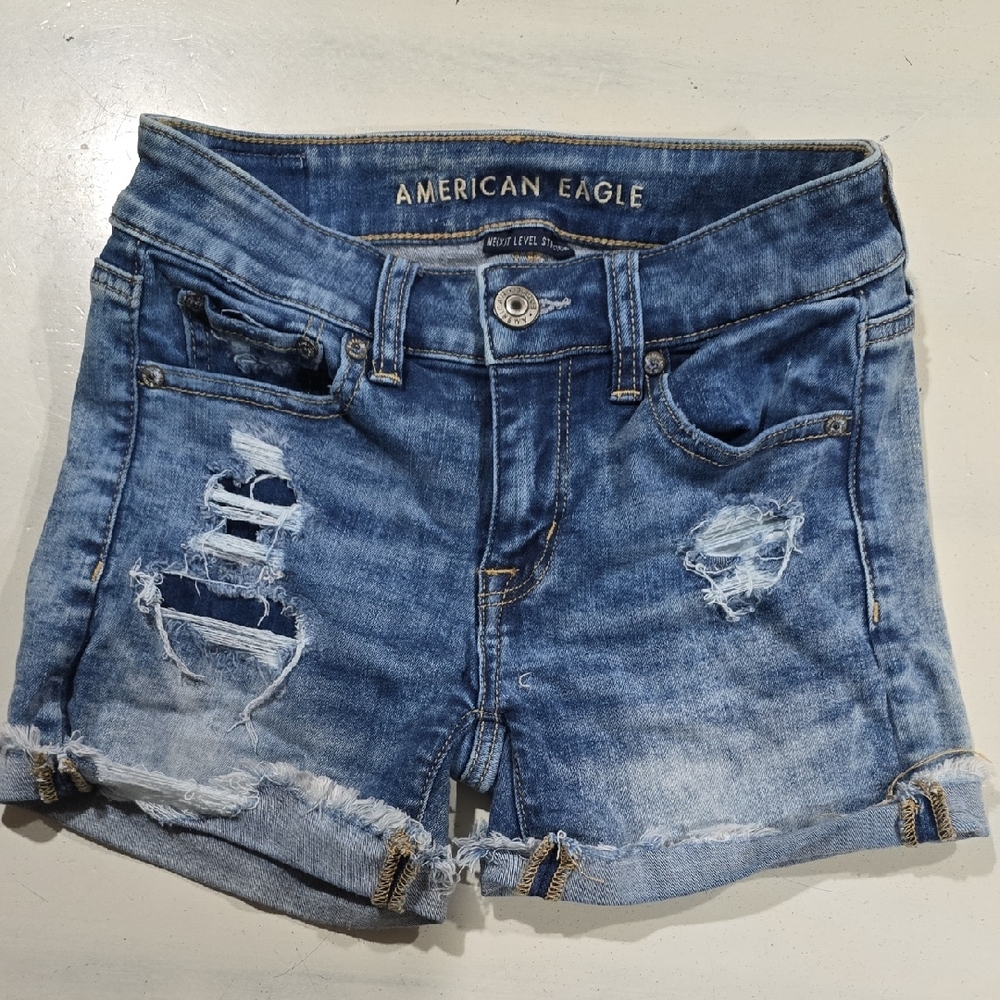 American Eagle Outfitters Women's Ripped Blue Denim Jean Shorts